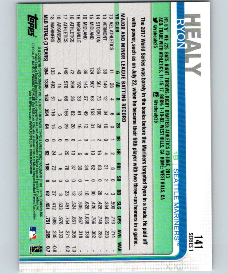 2019 Topps #141 Ryon Healy Mint Seattle Mariners Image 2