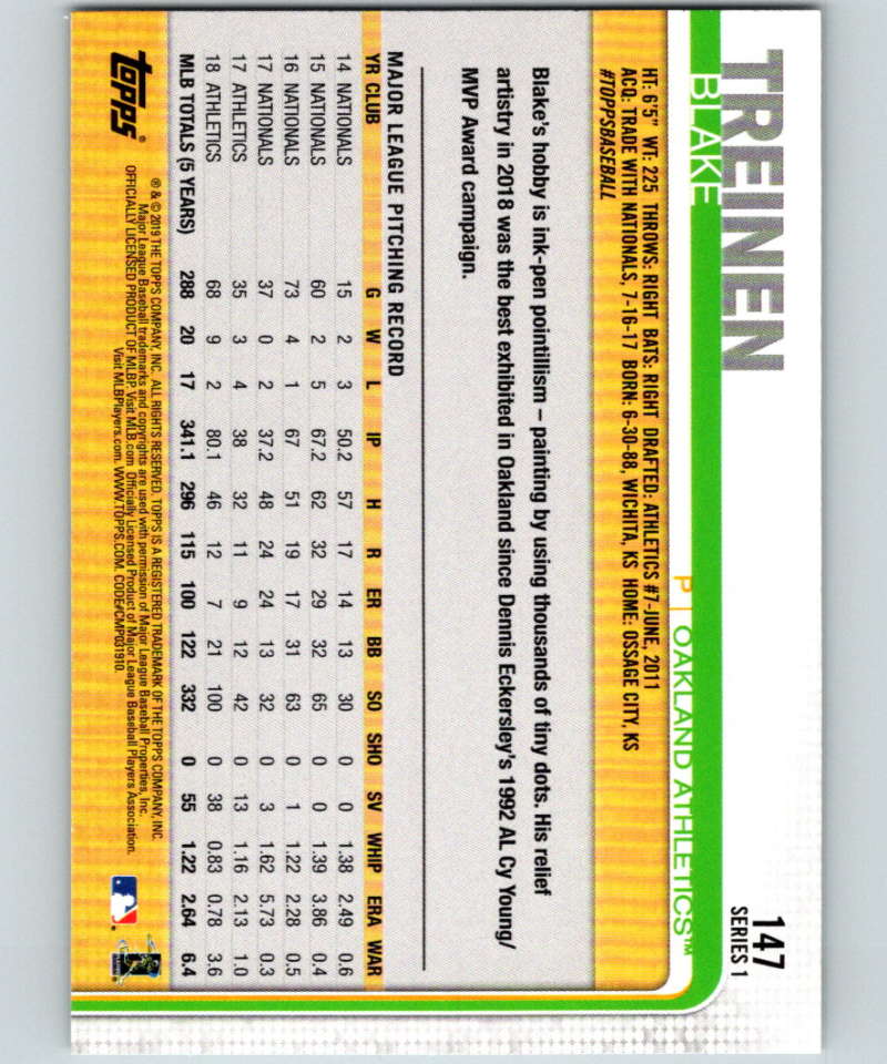 2019 Topps #147 Blake Treinen Mint Oakland Athletics Image 2