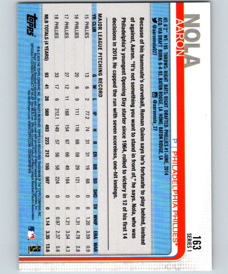 2019 Topps #163 Aaron Nola Mint Philadelphia Phillies Image 2