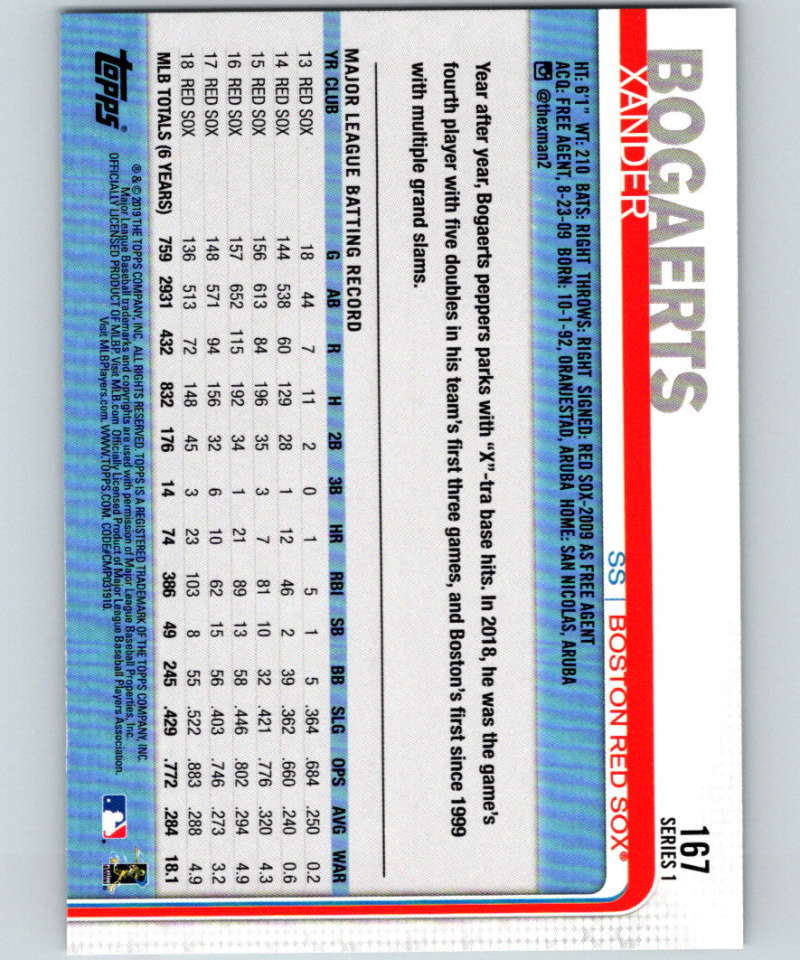 2019 Topps #167 Xander Bogaerts Mint Boston Red Sox Image 2