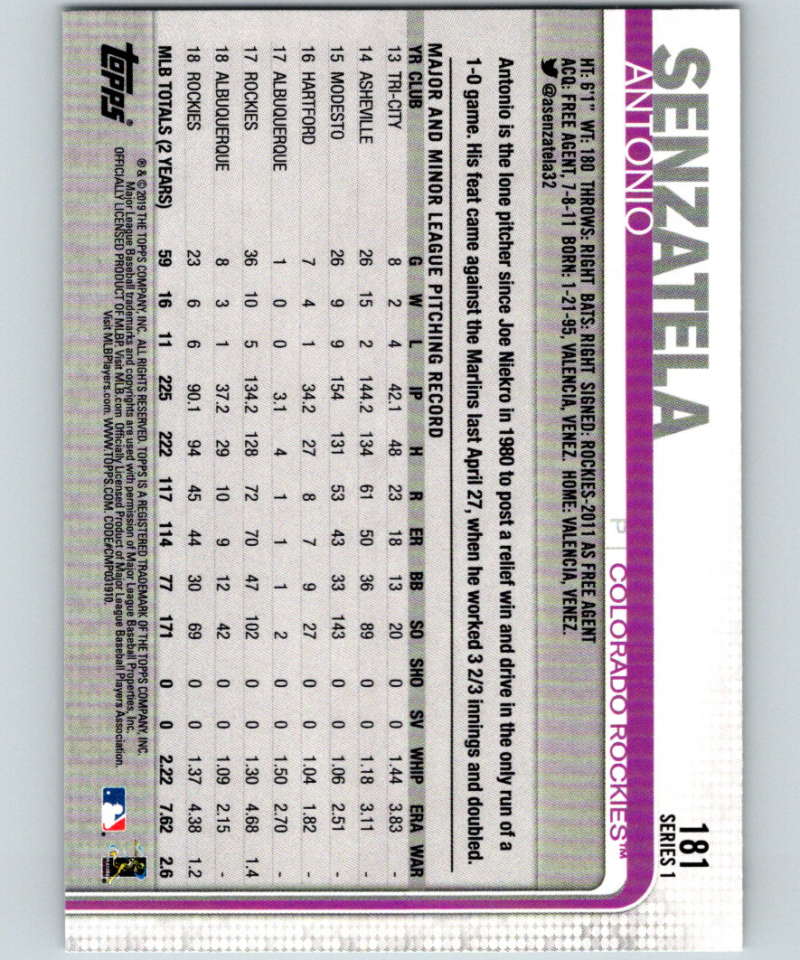 2019 Topps #181 Antonio Senzatela Mint Colorado Rockies Image 2