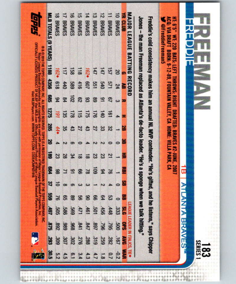 2019 Topps #183 Freddie Freeman Mint Atlanta Braves