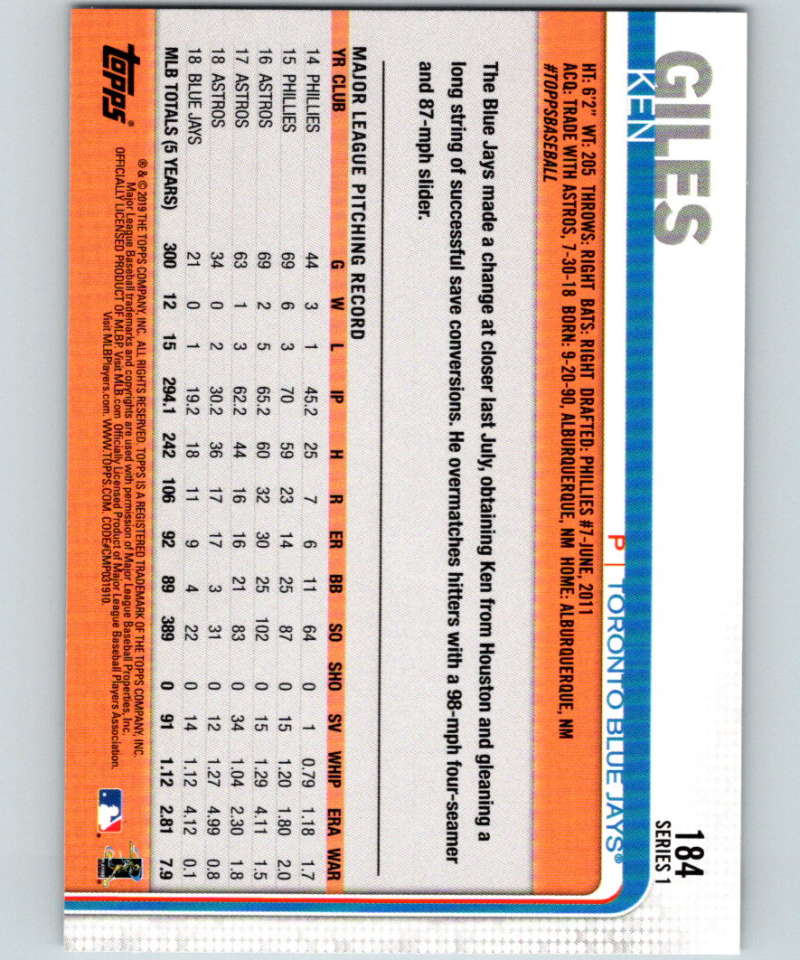 2019 Topps #184 Ken Giles Mint Toronto Blue Jays Image 2