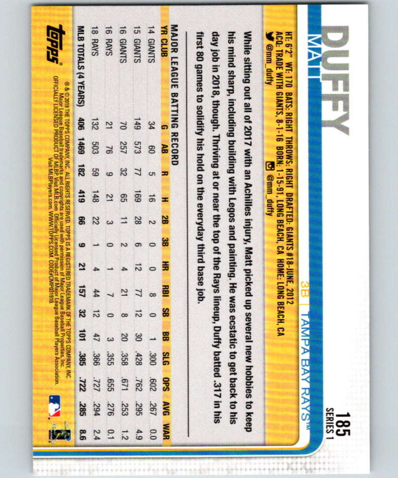 2019 Topps #185 Matt Duffy Mint Tampa Bay Rays Image 2