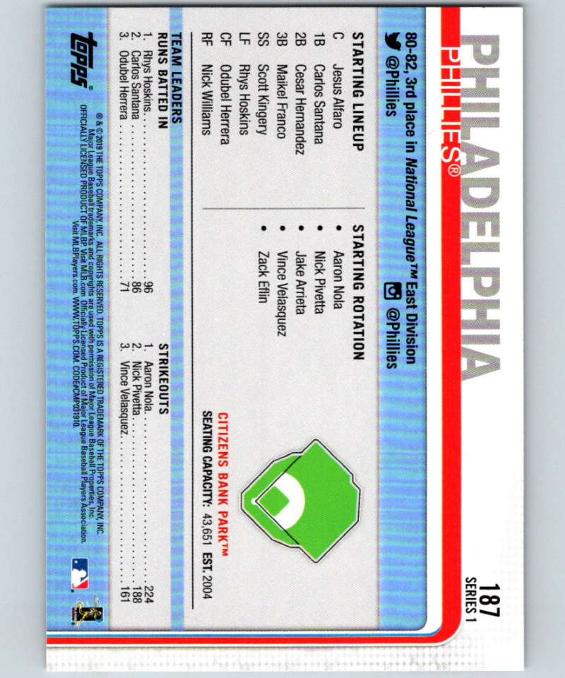 2019 Topps #187 Citizens Bank Park Mint Philadelphia Phillies Image 2