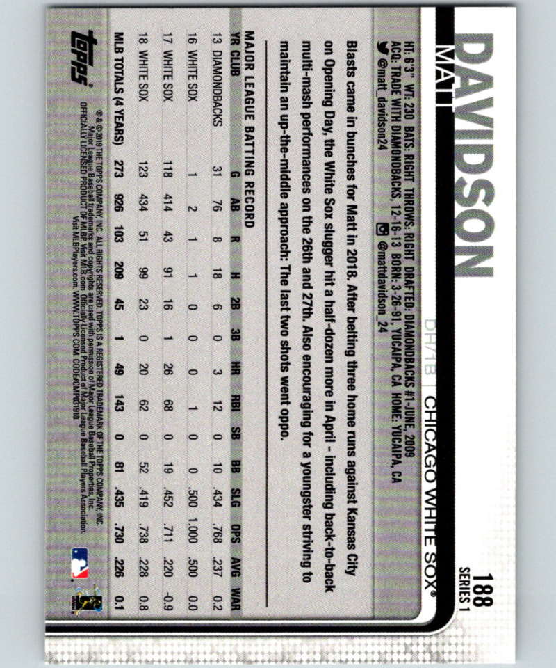 2019 Topps #188 Matt Davidson Mint Chicago White Sox Image 2