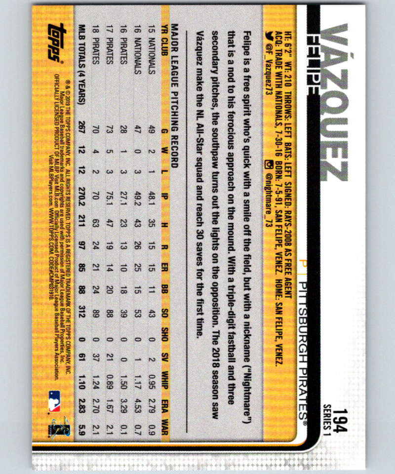 2019 Topps #194 Felipe Vázquez Mint Pittsburgh Pirates Image 2