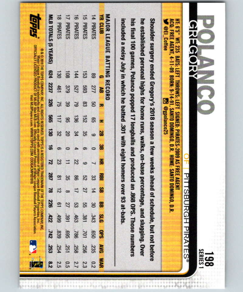 2019 Topps #198 Gregory Polanco Mint Pittsburgh Pirates Image 2