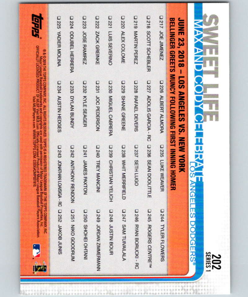 2019 Topps #202 Sweet Life Mint Los Angeles Dodgers Image 2