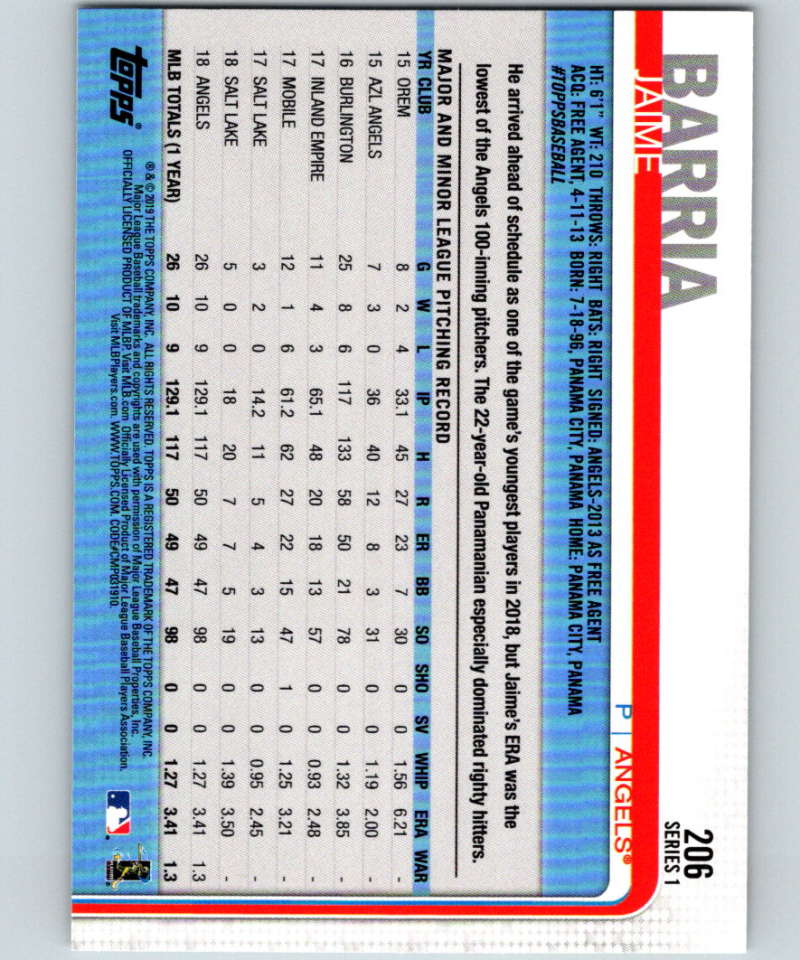 2019 Topps #206 Jaime Barria Mint Los Angeles Angels Image 2