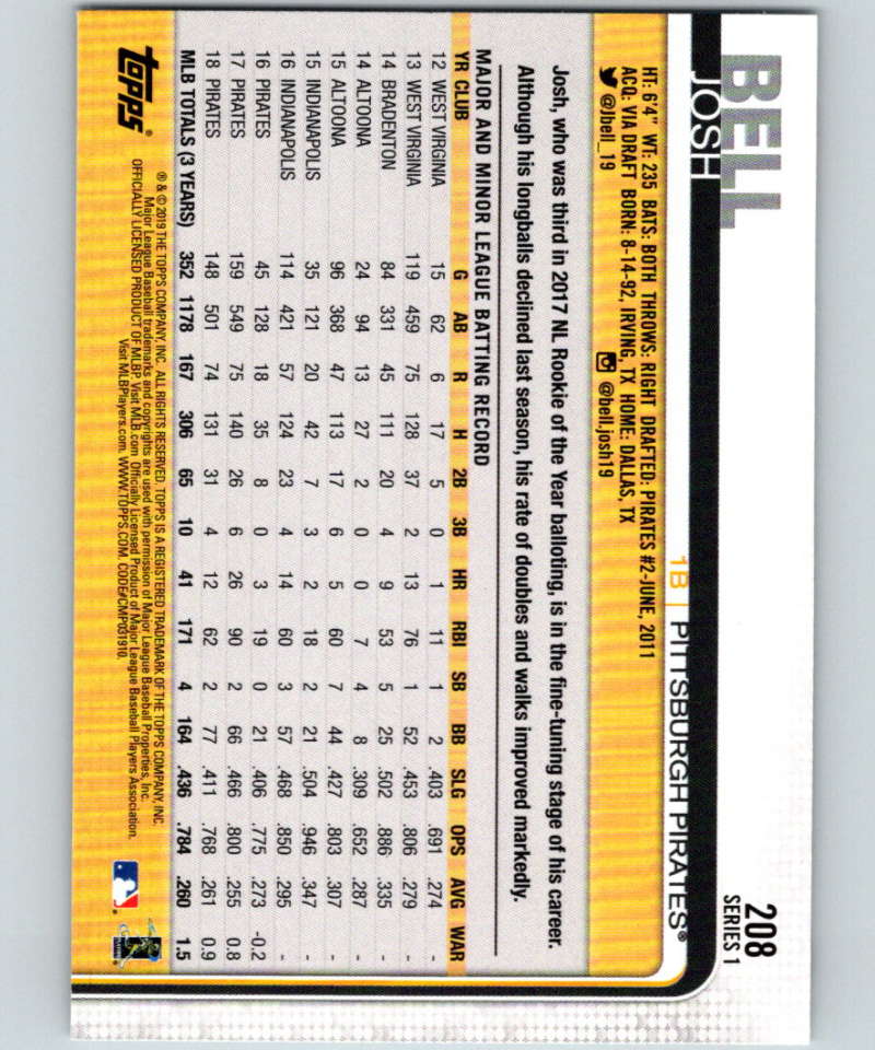 2019 Topps #208 Josh Bell Mint Pittsburgh Pirates Image 2