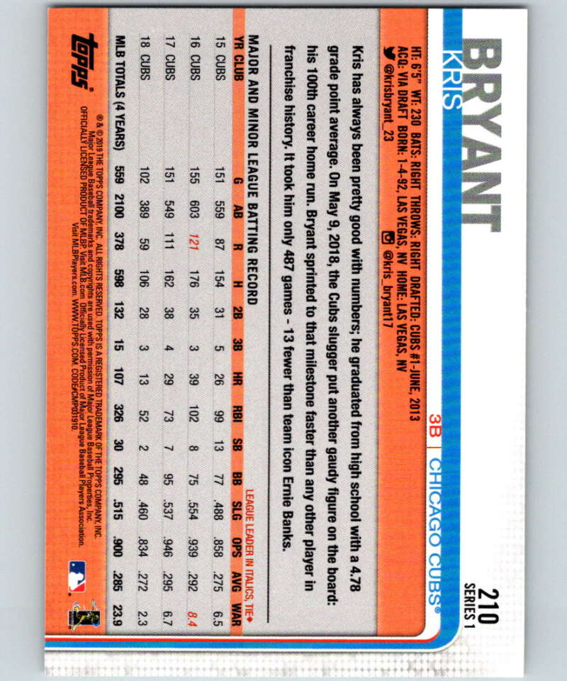 2019 Topps #210 Kris Bryant Mint Chicago Cubs Image 2