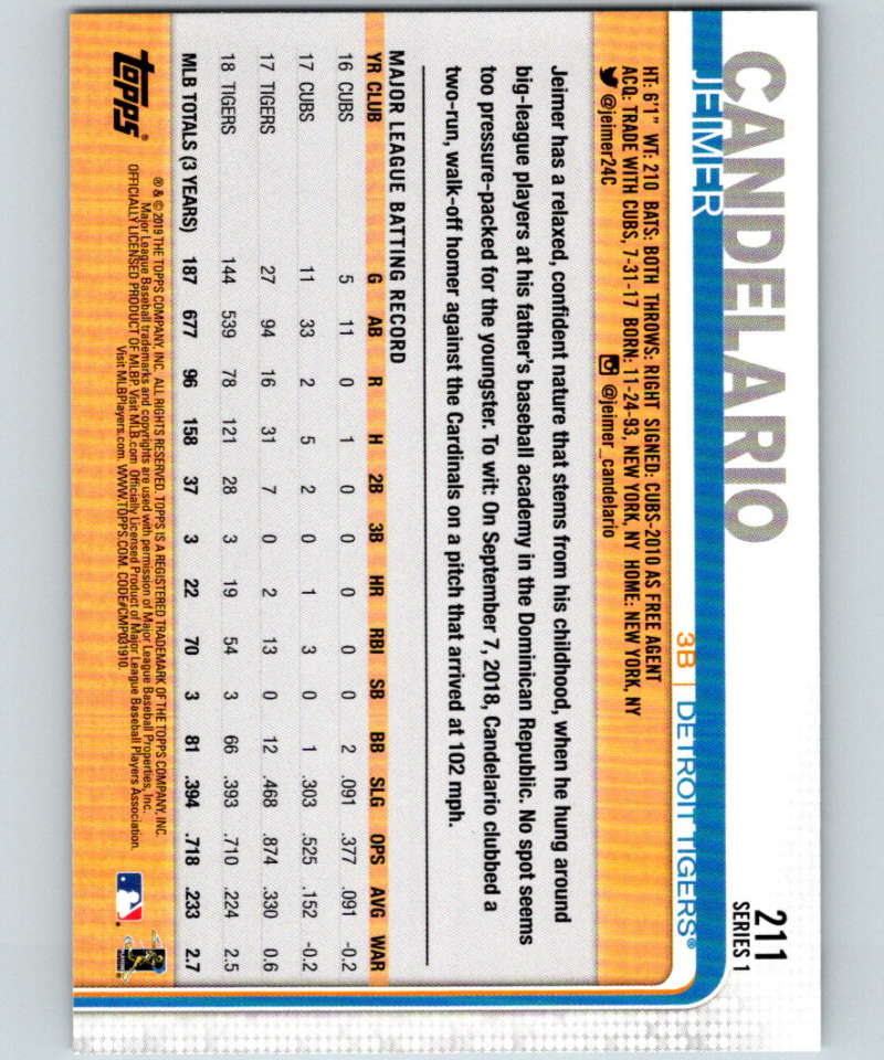 2019 Topps #211 Jeimer Candelario Mint Detroit Tigers Image 2