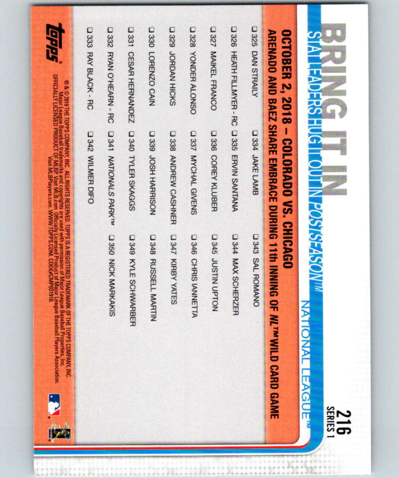 2019 Topps #216 Bring It In Mint National League Image 2