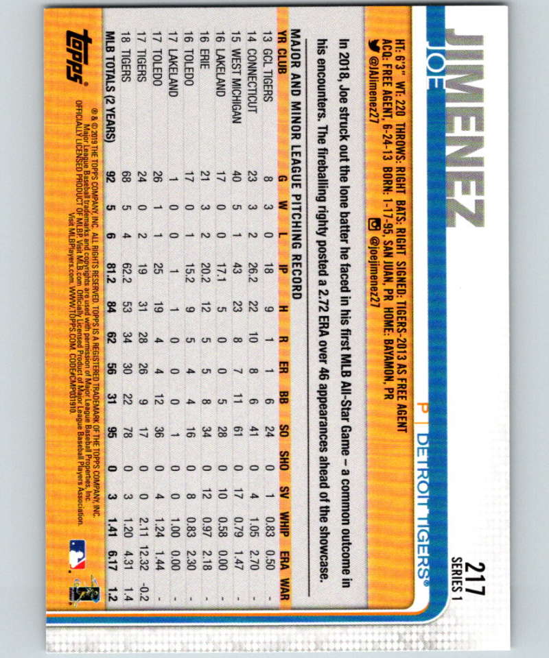 2019 Topps #217 Joe Jimenez Mint Detroit Tigers Image 2
