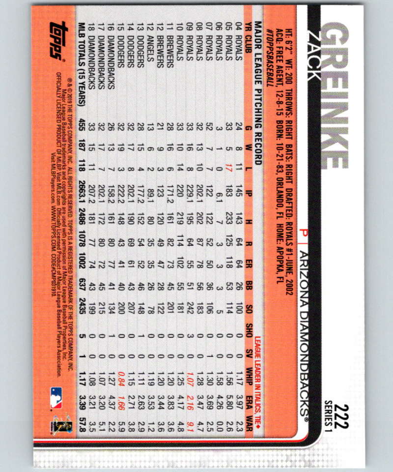 2019 Topps #222 Zack Greinke Mint Arizona Diamondbacks Image 2