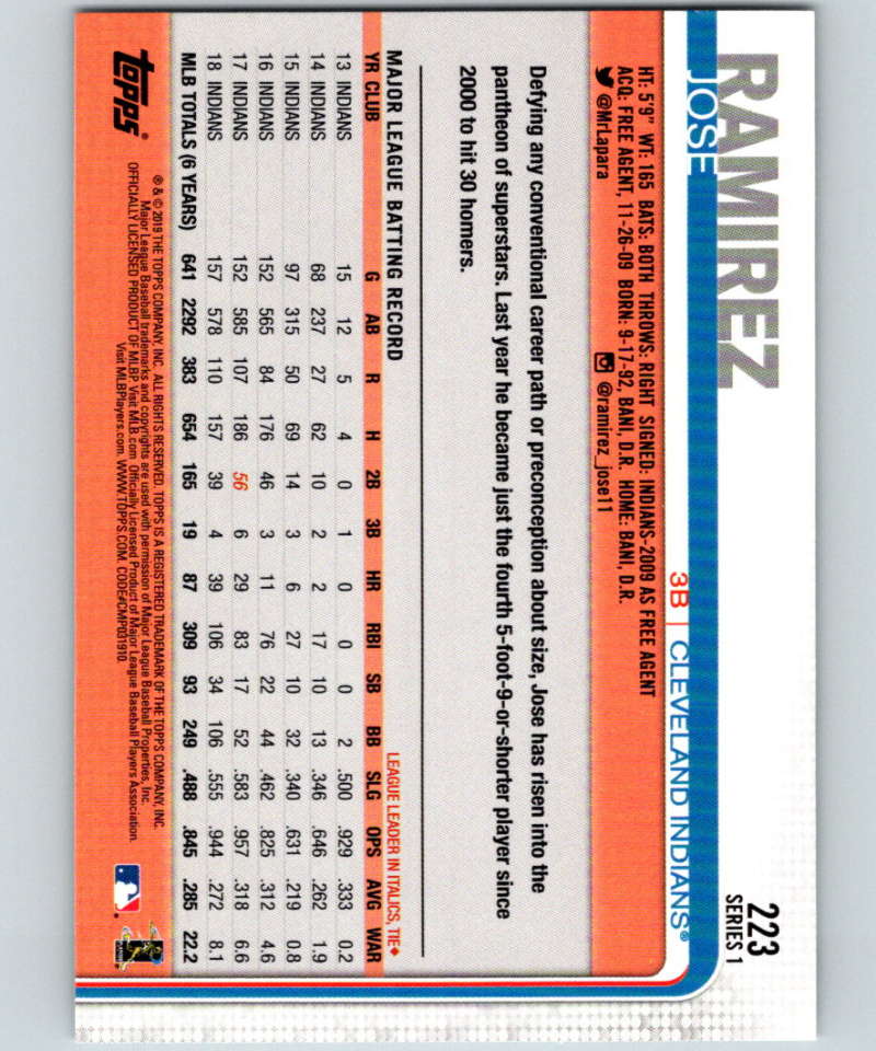 2019 Topps #223 Jose Ramirez Mint Cleveland Indians Image 2