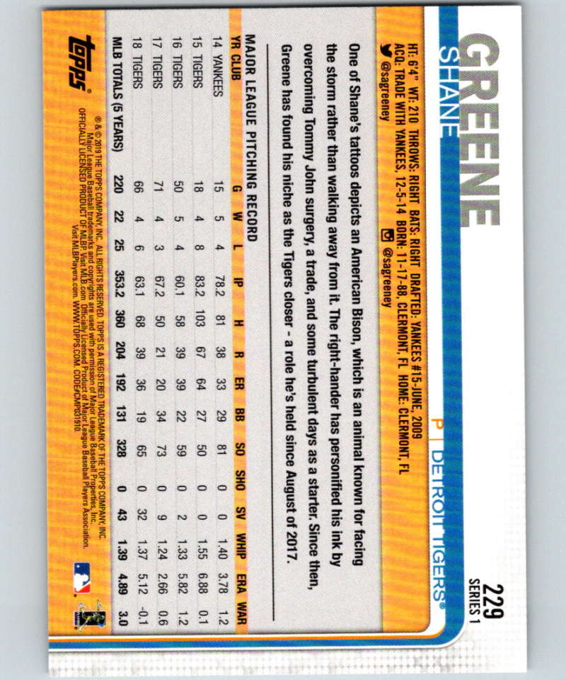 2019 Topps #229 Shane Greene Mint Detroit Tigers Image 2