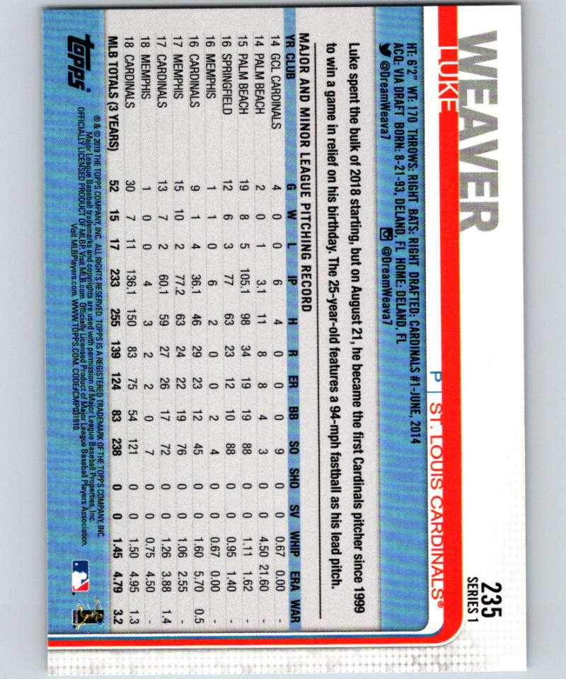 2019 Topps #235 Luke Weaver Mint St. Louis Cardinals Image 2