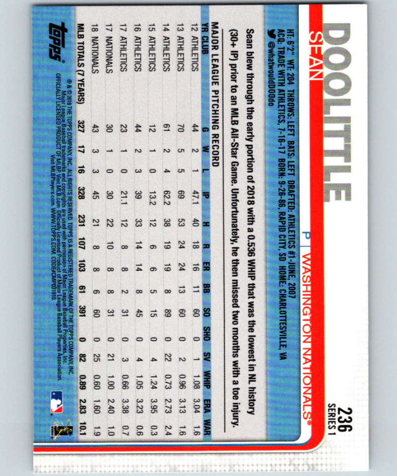 2019 Topps #236 Sean Doolittle Mint Washington Nationals Image 2