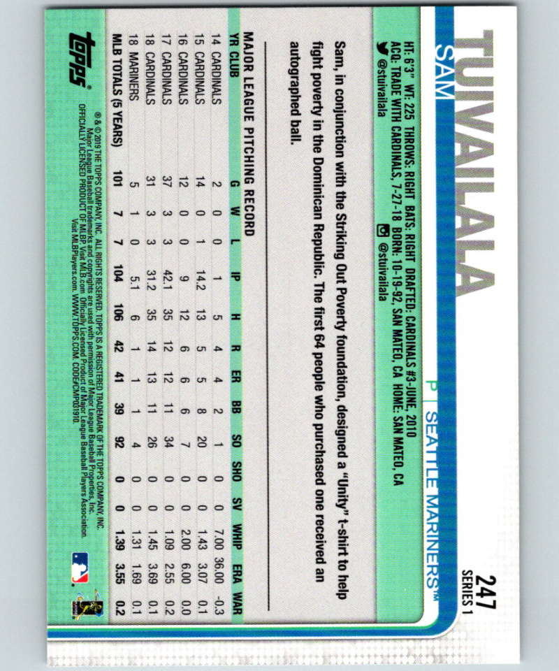 2019 Topps #247 Sam Tuivailala Mint Seattle Mariners Image 2