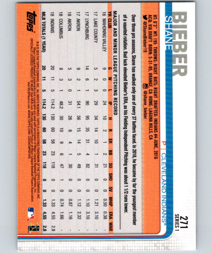 2019 Topps #271 Shane Bieber Mint Cleveland Indians