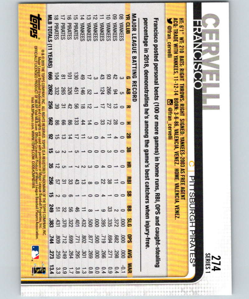 2019 Topps #274 Francisco Cervelli Mint Pittsburgh Pirates Image 2