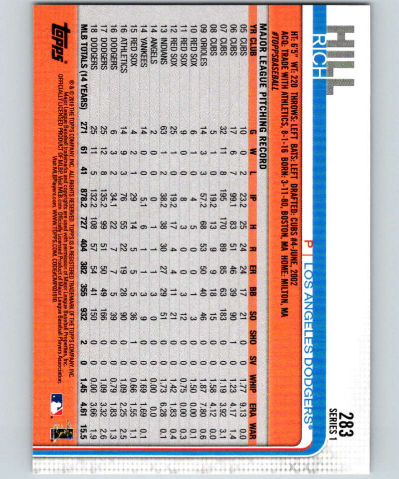 2019 Topps #283 Rich Hill Mint Los Angeles Dodgers Image 2