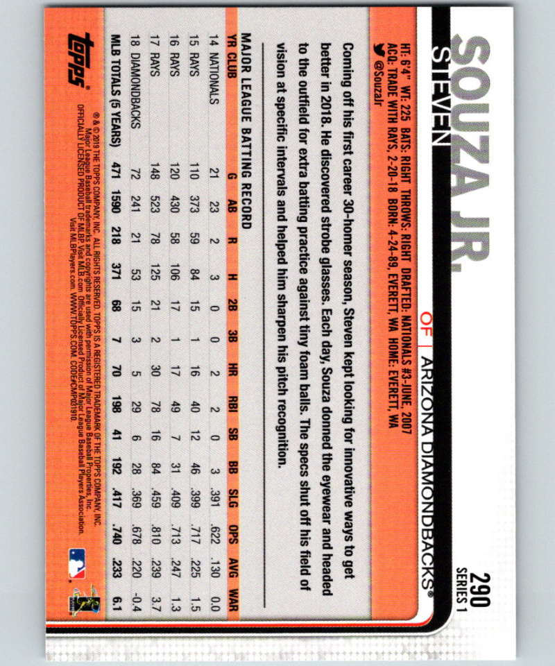 2019 Topps #290 Steven Souza Jr. Mint Arizona Diamondbacks Image 2