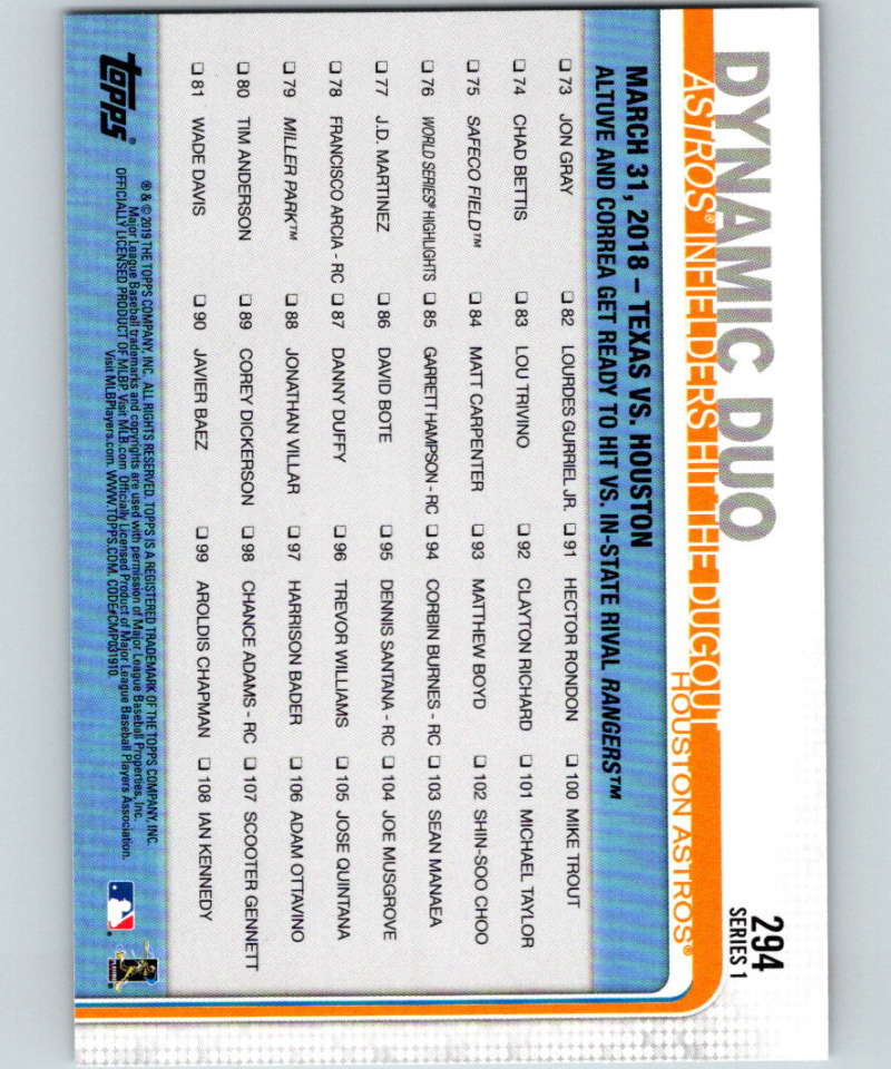 2019 Topps #294 Dynamic Duo Mint Houston Astros Image 2