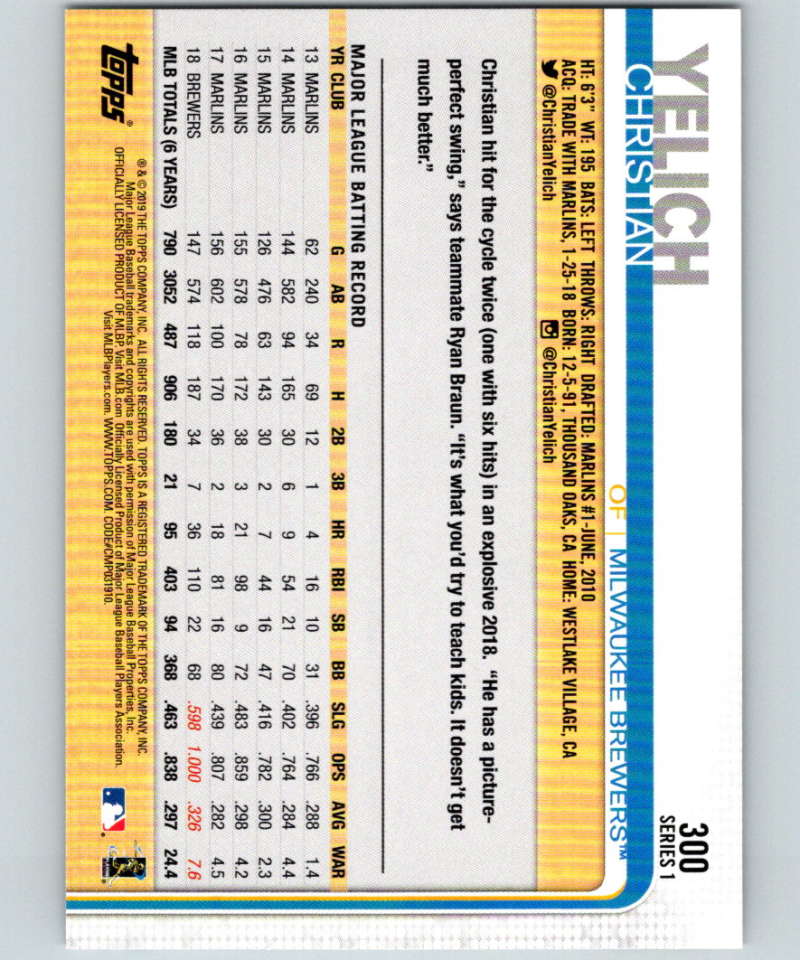 2019 Topps #300 Christian Yelich Mint Milwaukee Brewers Image 2