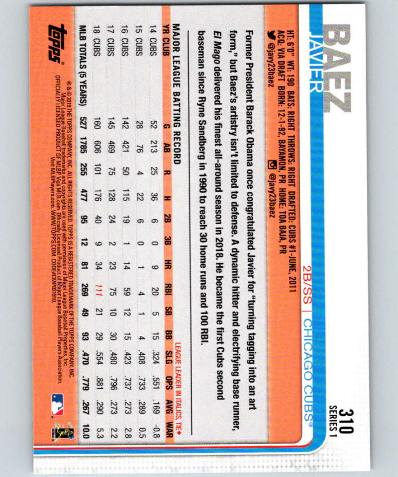 2019 Topps #310 Javier Baez Mint Chicago Cubs Image 2