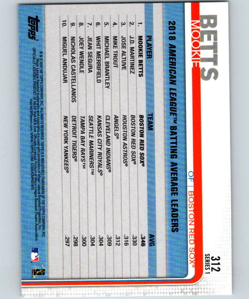 2019 Topps #312 Mookie Betts Mint Boston Red Sox Image 2