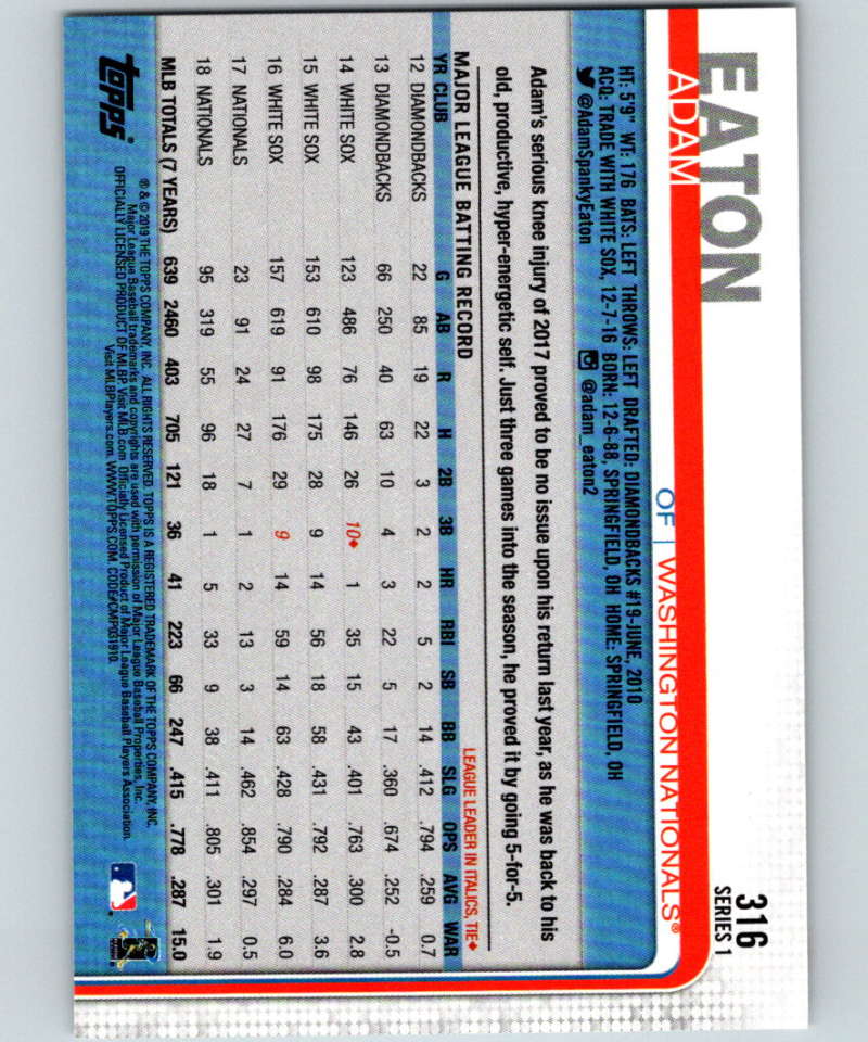 2019 Topps #316 Adam Eaton Mint Washington Nationals Image 2