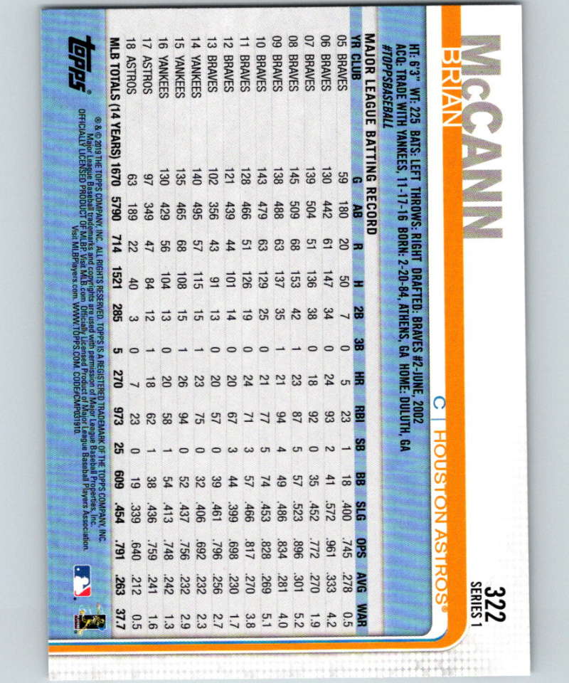 2019 Topps #322 Brian McCann Mint Houston Astros Image 2