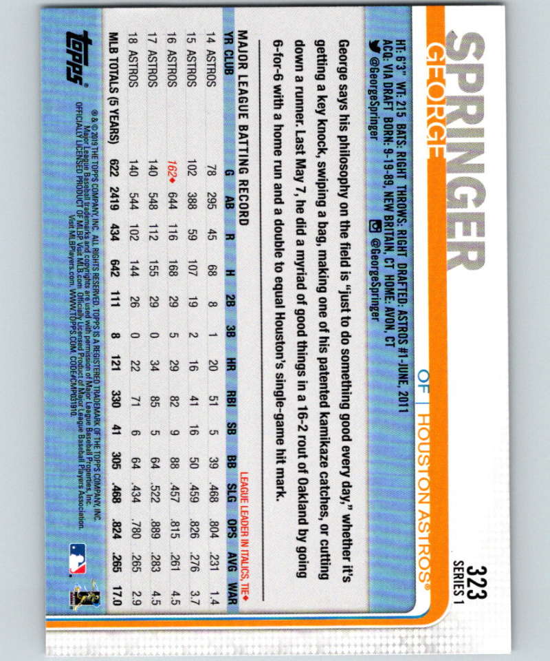 2019 Topps #323 George Springer Mint Houston Astros Image 2