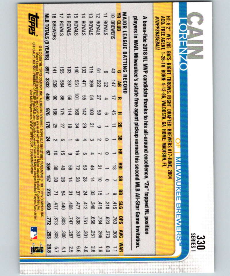 2019 Topps #330 Lorenzo Cain Mint Milwaukee Brewers Image 2