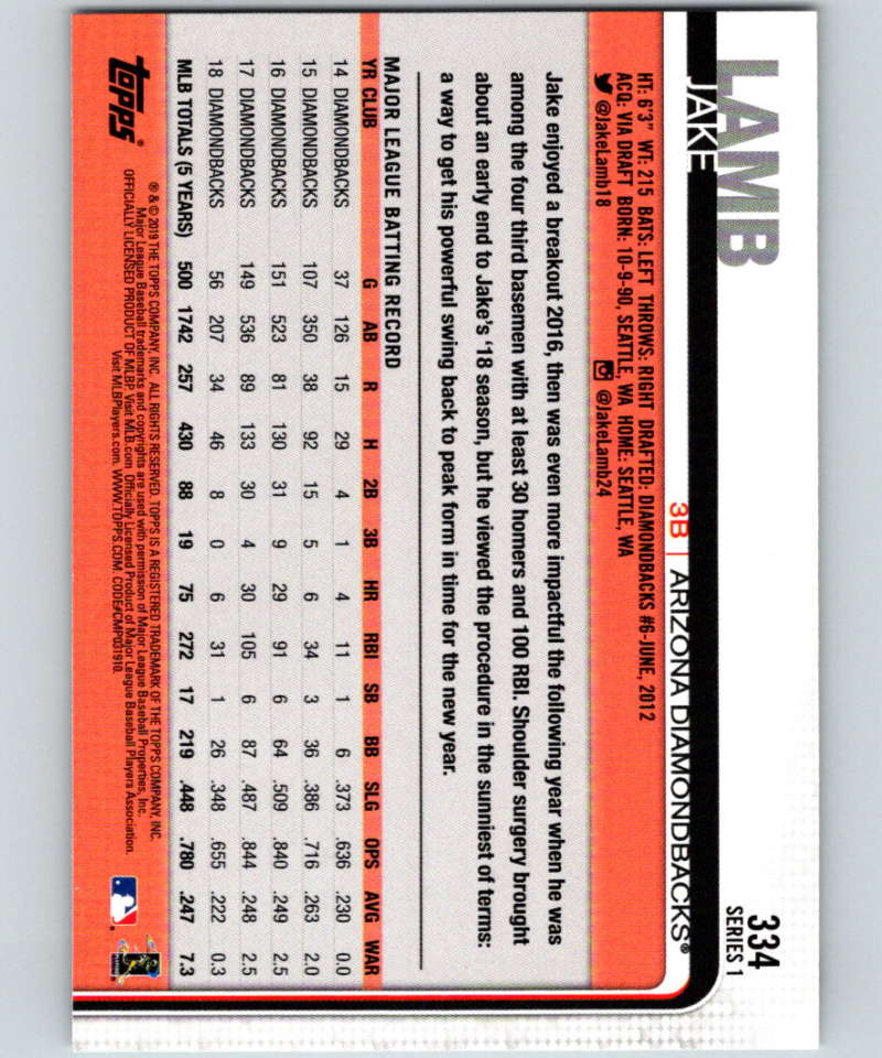 2019 Topps #334 Jake Lamb Mint Arizona Diamondbacks Image 2