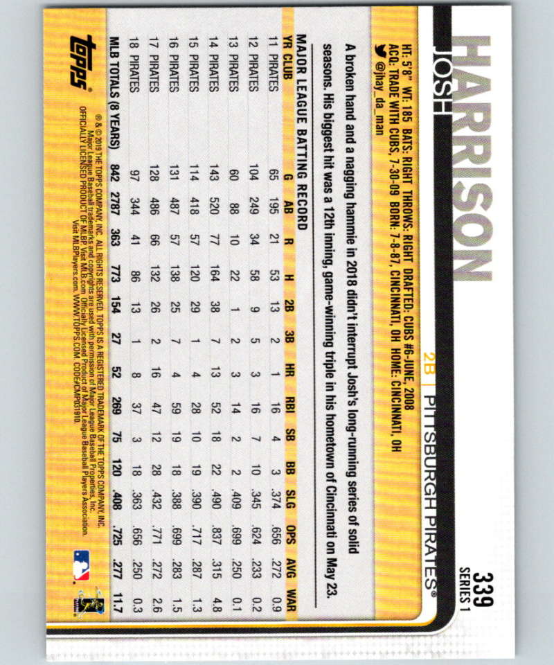 2019 Topps #339 Josh Harrison Mint Pittsburgh Pirates Image 2