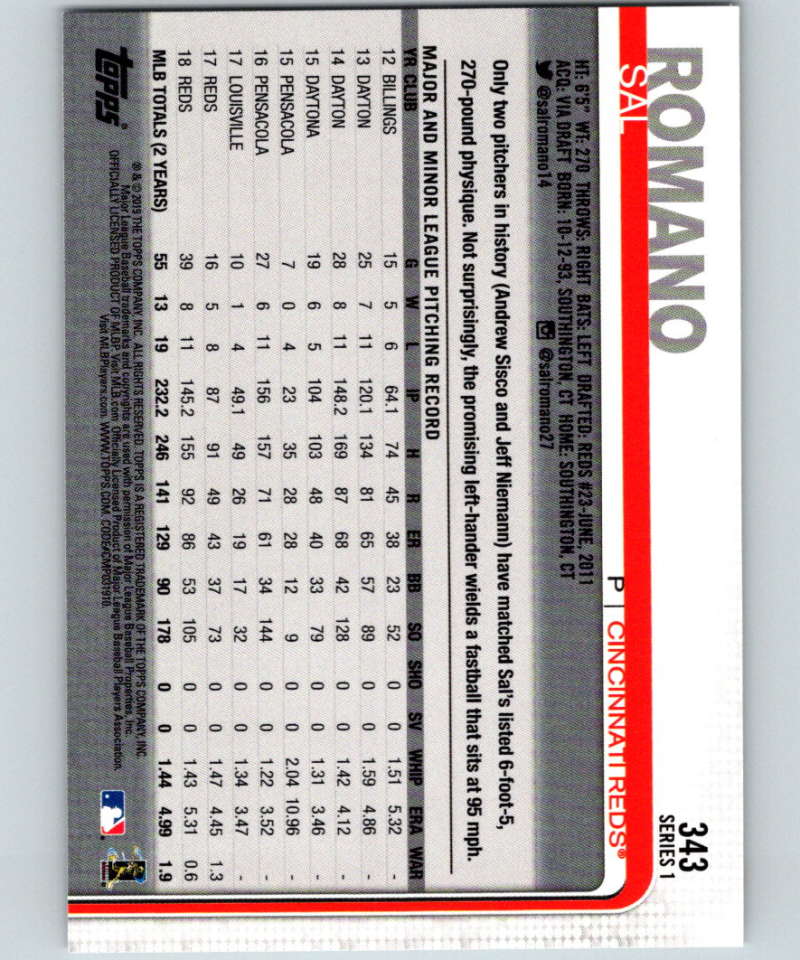 2019 Topps #343 Sal Romano Mint Cincinnati Reds Image 2