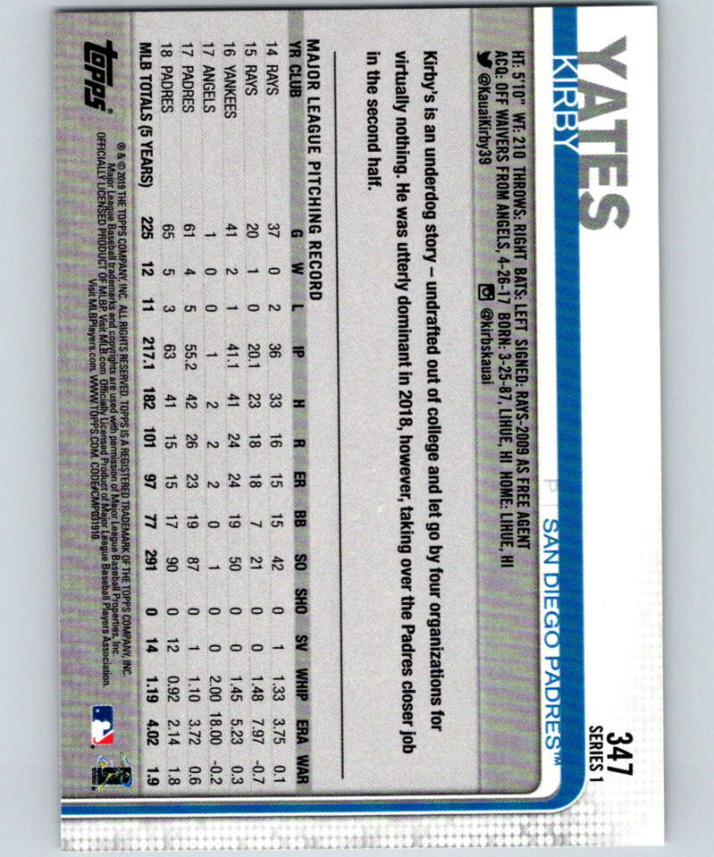 2019 Topps #347 Kirby Yates Mint San Diego Padres Image 2