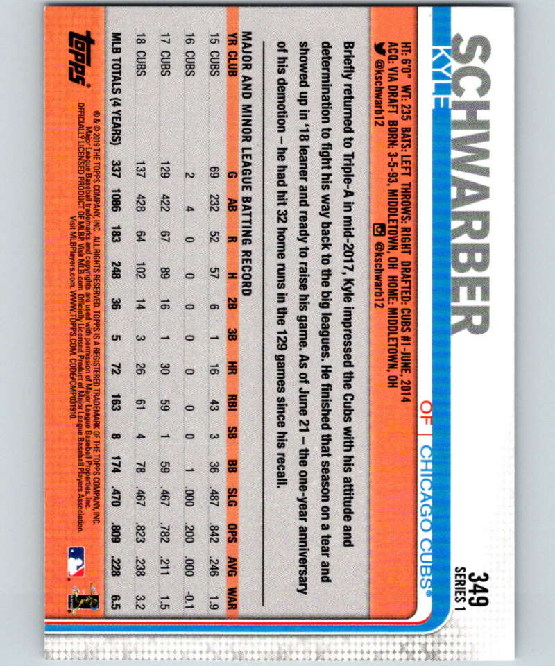 2019 Topps #349 Kyle Schwarber Mint Chicago Cubs Image 2