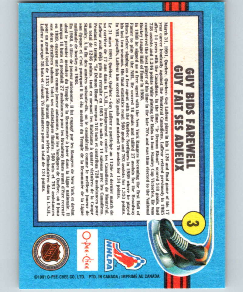 1991-92 O-Pee-Chee #3 Lafleur Tribute Mint