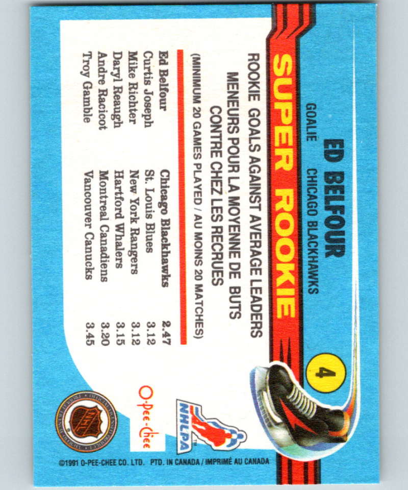 1991-92 O-Pee-Chee #4 Ed Belfour SR Mint RC Rookie Chicago Blackhawks Image 2