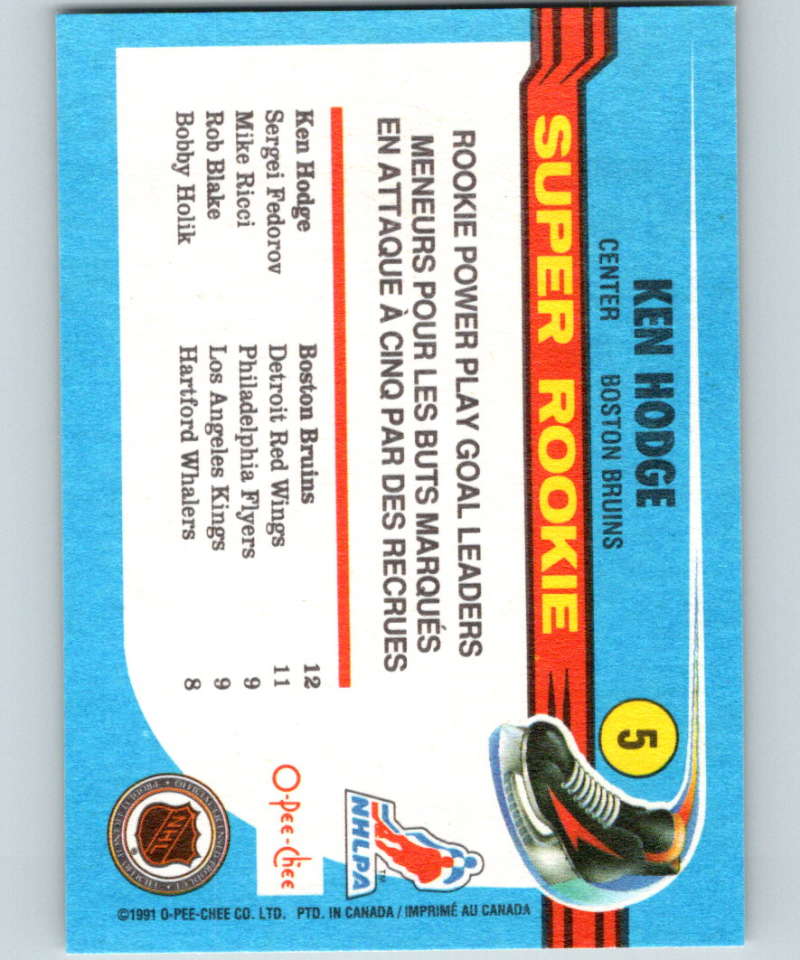 1991-92 O-Pee-Chee #5 Ken Hodge Jr. SR Mint RC Rookie Boston Bruins Image 2