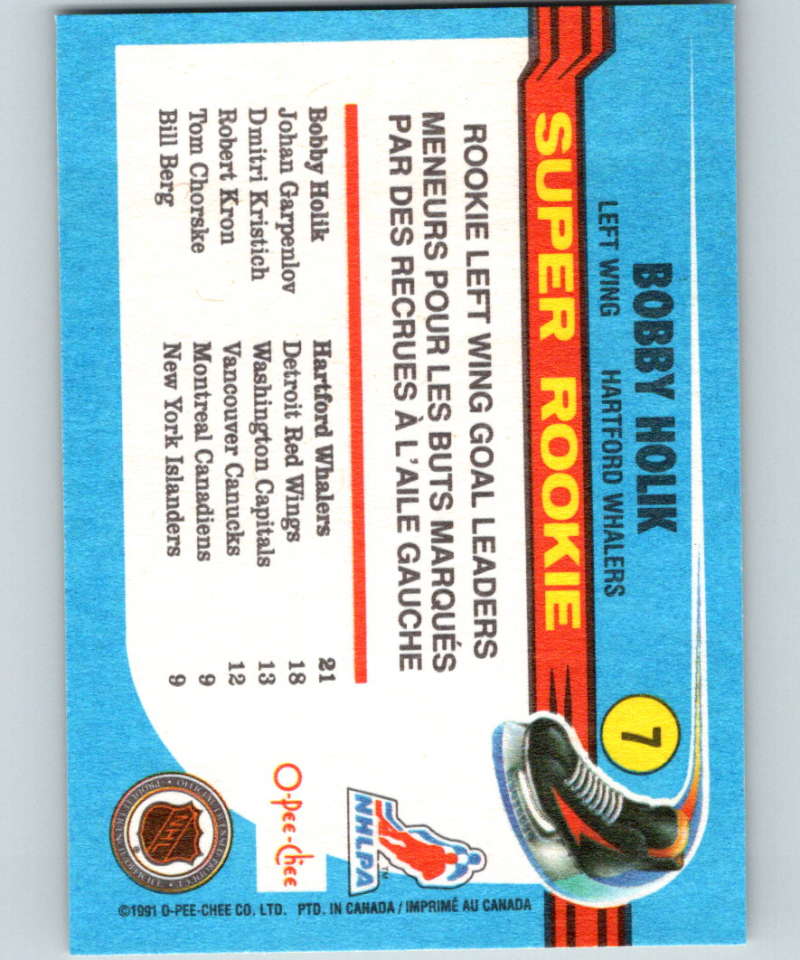1991-92 O-Pee-Chee #7 Bobby Holik SR Mint RC Rookie Hartford Whalers Image 2