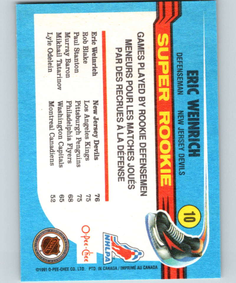 1991-92 O-Pee-Chee #10 Eric Weinrich SR Mint RC Rookie New Jersey Devils Image 2