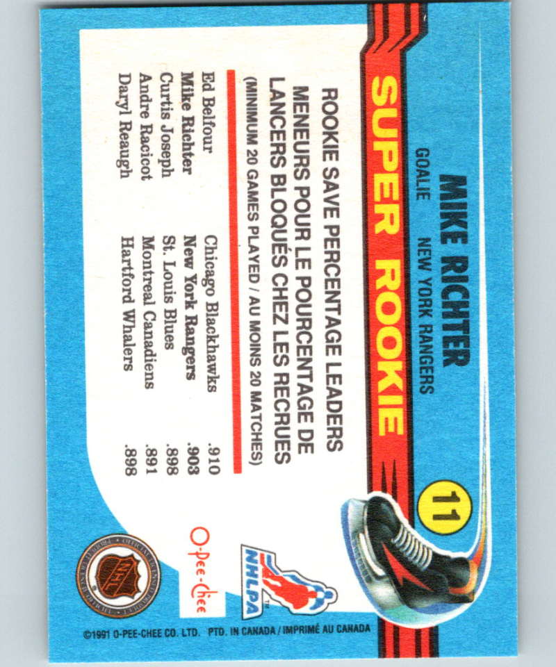 1991-92 O-Pee-Chee #11 Mike Richter SR Mint RC Rookie New York Rangers