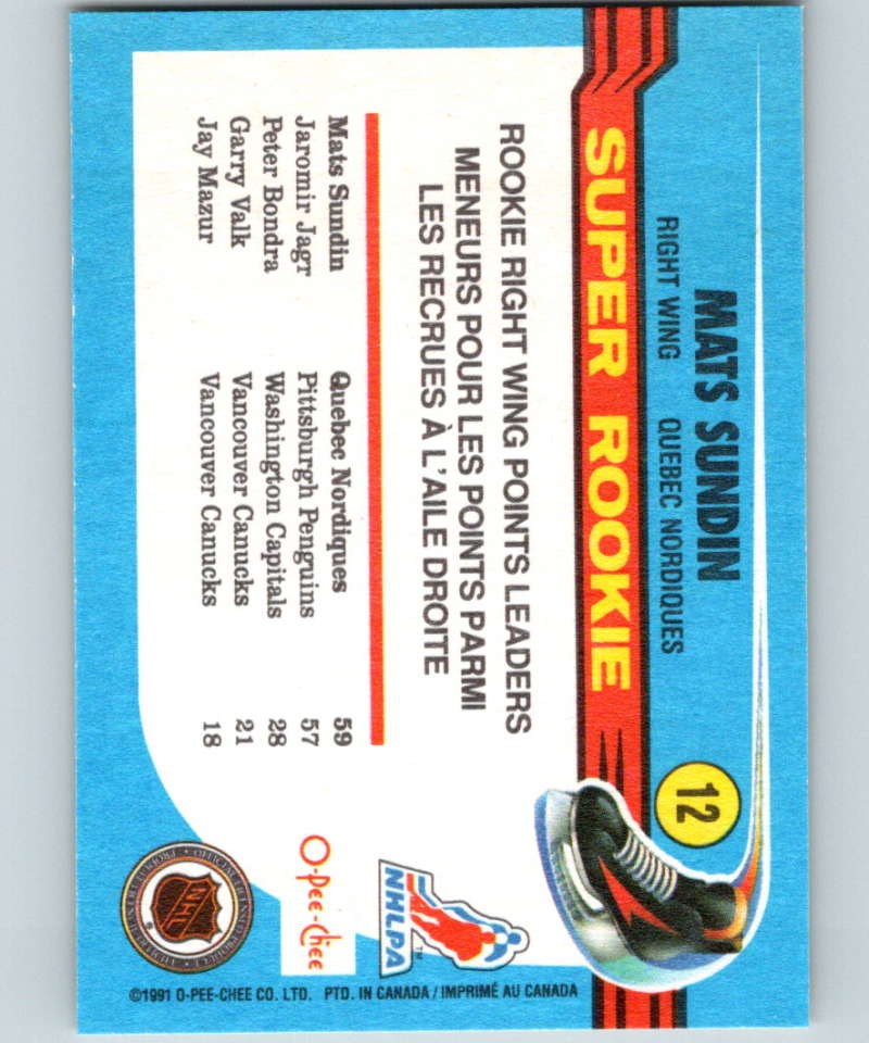 1991-92 O-Pee-Chee #12 Mats Sundin SR Mint RC Rookie Quebec Nordiques