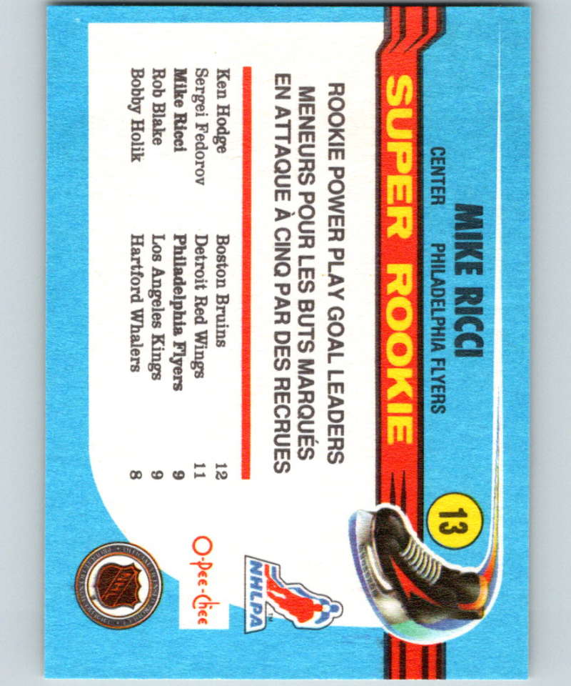 1991-92 O-Pee-Chee #13 Mike Ricci SR Mint RC Rookie Philadelphia Flyers Image 2